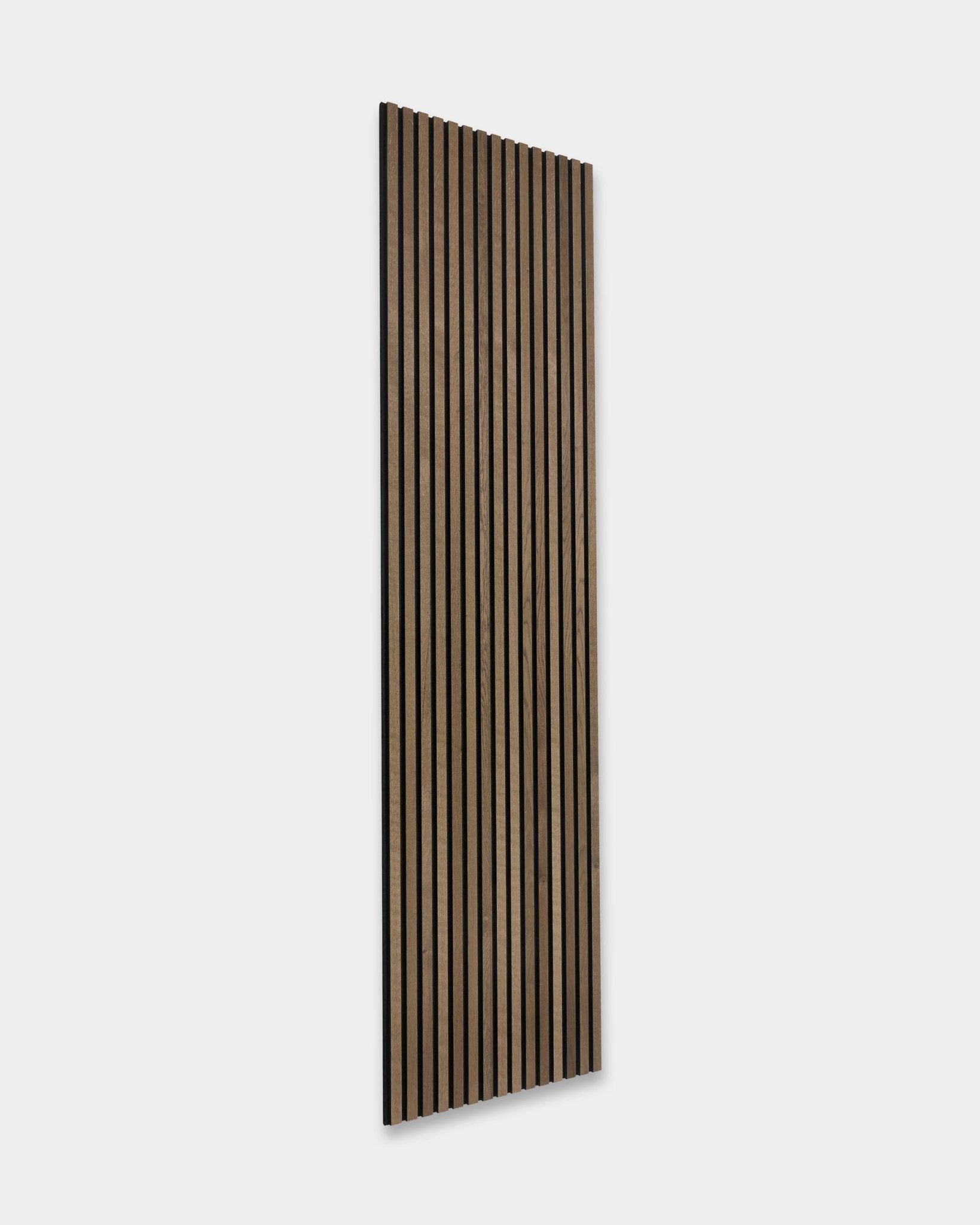 WoodUpp Akupanel in Grey Oak (300x60cm) with vertical slats, light gray oak finish, minimalist Scandinavian acoustic panel design.